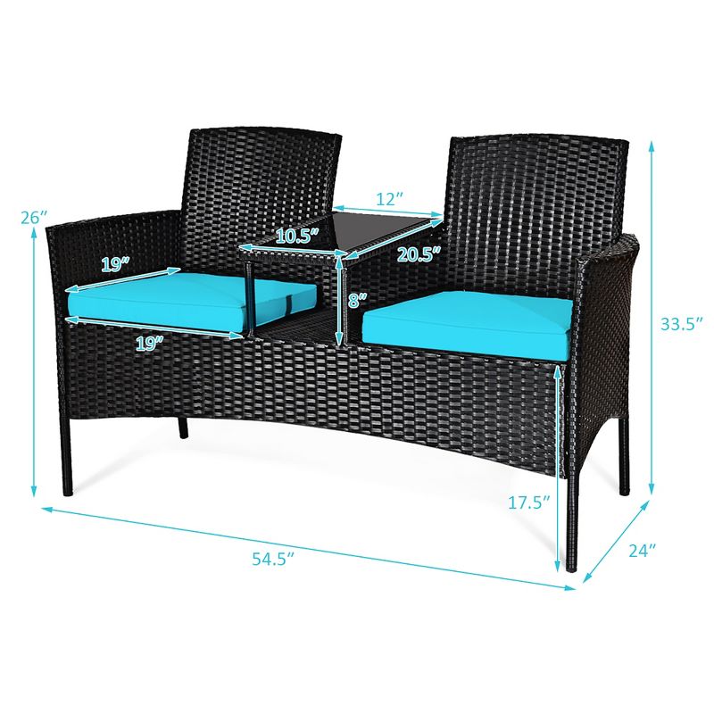 Costway Patio Rattan Conversation Set Seat Sofa Cushioned Loveseat Glass Table Chair Red\Turquoise, 3 of 10