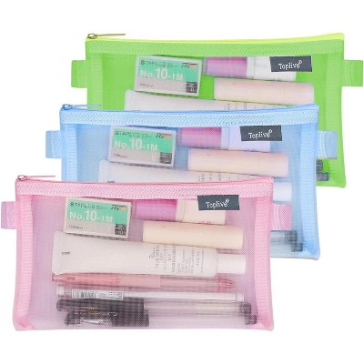 Fmeida 3 Pieces Pencil Case Set, Clear Exam Pencil Pouch, Nylon Mesh Zipper Pen Case Bag Black