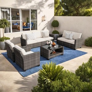 5 PCS Outdoor Patio Furniture,PE Rattan Grey Wicker with Dining Table &Chair,Sectional Chair Set with Washable Cushions - 1 of 4