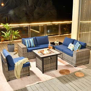 Marlton 7pc Wicker Outdoor Patio Furniture Set Conversation Sofa Set with a Fire Pit and Cushions - 1 of 4