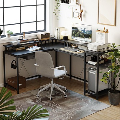 68 inch Gaming Desk with Power Outlet, Reversible L Shaped Desk with Monitor Stand & Storage Shelves