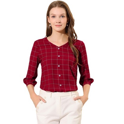 INSPIRE CHIC Women's V Neck 3/4 Sleeves Ligthweight Check Plaid Blouses