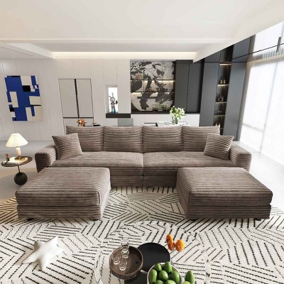 102.4 Inch Convertible Lounge Sofa with 2 Ottomans, 4-Seat Cloud Couch with Cushions, Corduroy Lounge Sofa with Wood Frame-Coolbibila