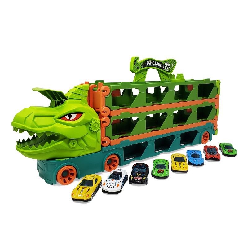 KOVOT Dinosaur Truck Racing Playset - 20" Storage Truck with 6.5-Foot Foldable Racetrack & 8 Alloy Raceing Cars, 1 of 7