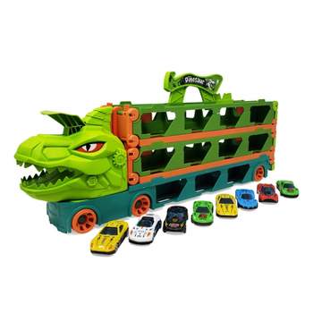 KOVOT Dinosaur Truck Racing Playset - 20" Storage Truck with 6.5-Foot Foldable Racetrack & 8 Alloy Raceing Cars