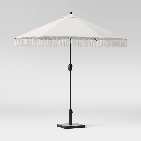 9 Round Fringed Patio Umbrella Linen Black Pole Opalhouse