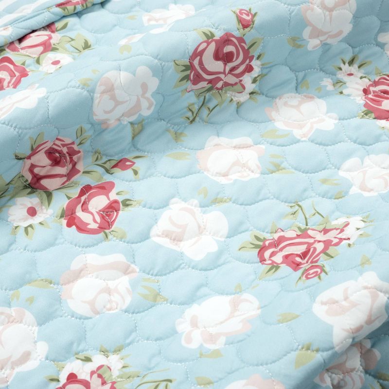 Cottage Floral Ruffle Reversible Oversized Quilt Set Blue/Blush - Lush Décor, 4 of 9