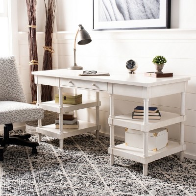 White Washed Wood Writing Desk with Drawer and Shelves