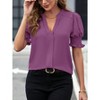 Women's V Neck Shirts Solid Frill Short Puff Sleeve Blouse Flowy Shirred Work Tunic Chiffon Top Tee - 2 of 4