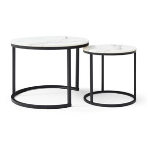 ChicFurnit Coffee Table Set of 2 Nesting Circular Round Tables with Marble Pattern for Living Room or Bedroom, White, 24.6"*24.6"*2.6" - 1 of 4