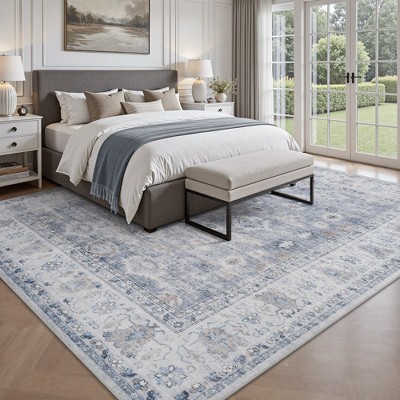 MontVoo Washable Vintage Distressed Oriental Area Rug Blue