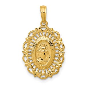 Black Bow Jewelry 14k Yellow Gold, Oval Filigree Miraculous Medal Pendant, 15 x 25mm - 1 of 4