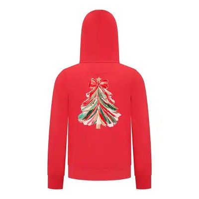Everyday Kids Christmas Collection Red & Gold Painted Tree Girls Zip Up Hoodie – Holiday Sweatshirt
