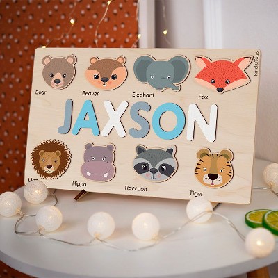 Huxxion Animal Heads Personalized Name Puzzle - Wooden Montessori Toys, one year birthday present | KindlyToys NP09