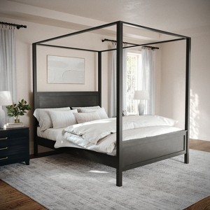 Martha Stewart Hayes Queen Size Solid Wood Canopy Platform Bed with Wood Headboard and Footboard, No Box Spring Needed, Dark Gray - 1 of 4
