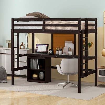 NicBex Twin/Full Size Loft Bed with Desk & Chalkboard,Rustic Full Loft Bed with 2-Drawer Cabinet,Wooden Loft Bed for Kids,Teens