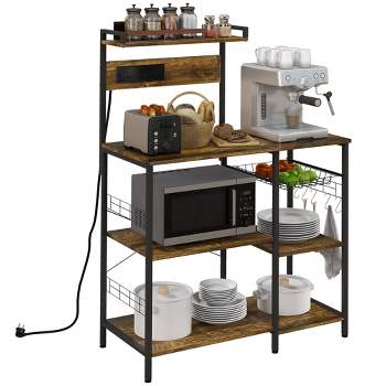 HOMCOM Kitchen Baker's Rack with Power Outlet, USB Charger, Microwave Stand, Coffee Bar with Wire Basket, Adjustable Shelf, 5 Hooks, Rustic Brown