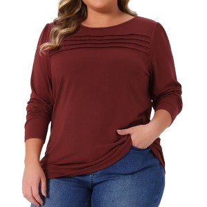 Agnes Orinda Women's Plus Size Crew Neck Front Tucks Detail Long Sleeve Solid Casual Basic Tunic Blouse - 1 of 4