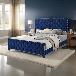 Royal Hampton California King Bed, Button Tufted, Nailhead Trim, Navy Upholstery - 1 of 4