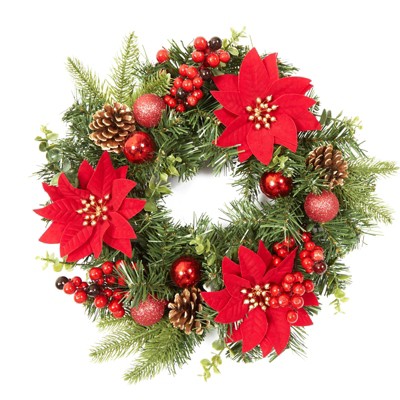 16" Artificial Christmas Wreath for Front Door - Red Poinsettia Flowers, Lifelike Leaves, Pine, Balls & Berries - Perfect Holiday Decor