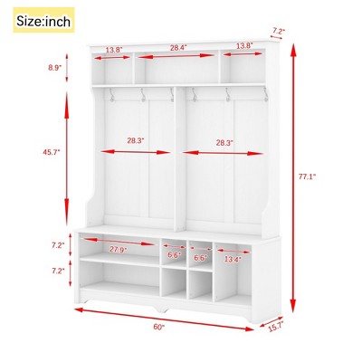 White MDF Hall Tree with Storage Bench and Metal Hooks