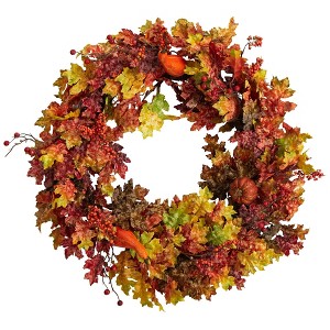 Nearly Natural 32” Autumn Oak Leaf, Berries and Pumpkin Artificial Autumn Wreath - 1 of 4