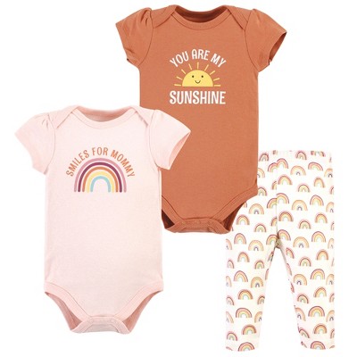 Image of Hudson Baby Infant Girl Cotton Bodysuit and Pant Set, Sunshine Rainbows Short-Sleeve, 3-6 Months
