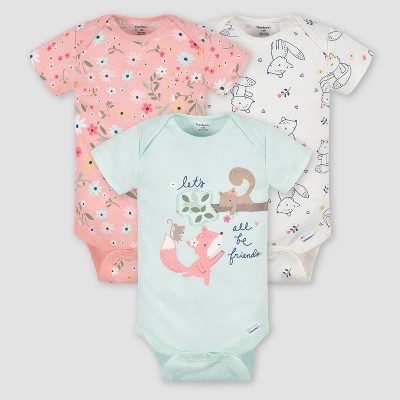 Image of Gerber Baby Girls' 3pk Fox Short Sleeve Onesies - Orange/White/Light Blue 0-3M