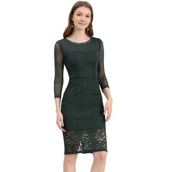 Allegra K Women's Slim Fit Elegant Mesh Sheer Long Sleeve Stretch Knit Floral Lace Bodycon Dress