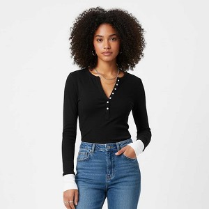 Cherie Code Women’s Henley Top – Rib Knit, Long Sleeve, Contrast Detail - 1 of 4