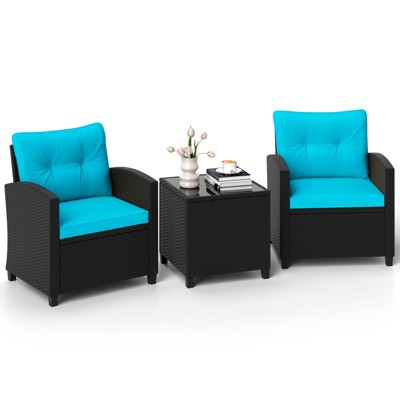 Tangkula 3 Piece Patio Furniture Set Rattan Conversation Set w/Soft Seat & Back Cushions Tempered Glass Topped Coffee Table Turquoise