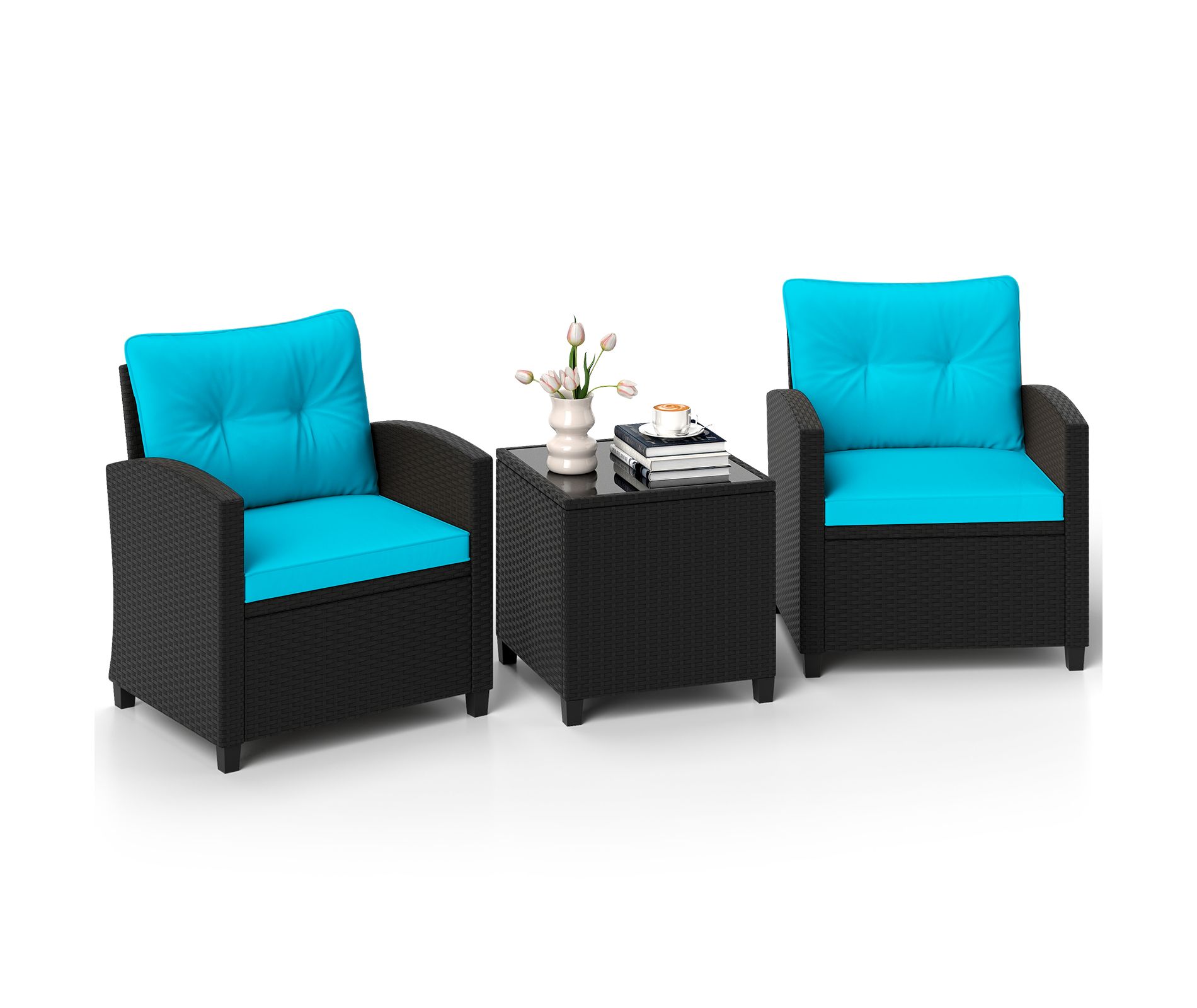 Tangkula 3 Piece Patio Furniture Set Rattan Conversation Set w/Soft Seat & Back Cushions Tempered Glass Topped Coffee Table Turquoise
