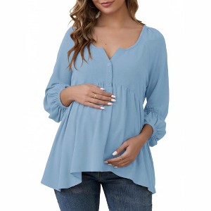 INSPIRE CHIC Womens Maternity High Low Tops Lantern Sleeve Boho Babydoll Ruffled Flowy Long Sleeve Pregnancy Blouse - 1 of 4