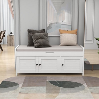 Wooden Storage Bench, Upholstered Entryway Bench with Removable Cushion, Shoe Cabinet with Hidden Storage for Entryway Bedroom Living Room