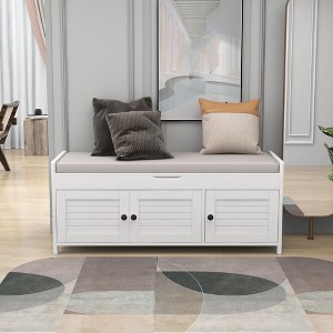 Wooden Storage Bench, Upholstered Entryway Bench with Removable Cushion, Shoe Cabinet with Hidden Storage for Entryway Bedroom Living Room - 1 of 4