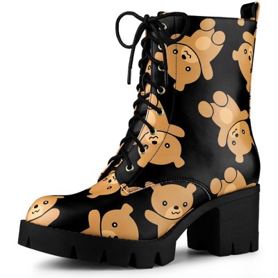 Allegra K Women's Printed Platform Round Toe Lace up Block Heel Combat Boots