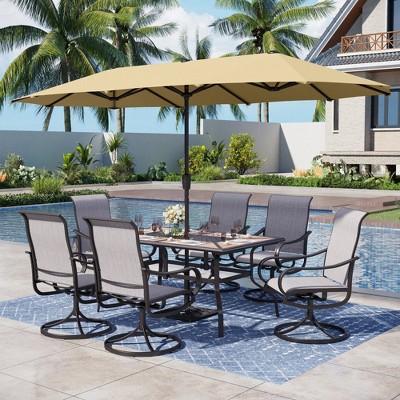 Captiva Designs 8pc Outdoor Wood-look Rectangle Steel Dining Table & Sling Swivel Chairs & Market Umbrella