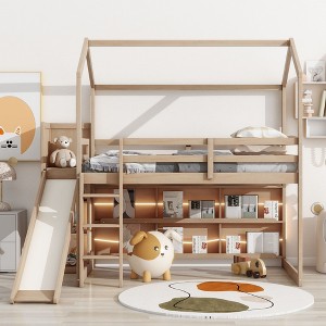 CAVINAS Twin over Twin Bunk Bed House Shaped Wooden Bed Frame with Slide and Storage Stair for Bedroom - 1 of 4