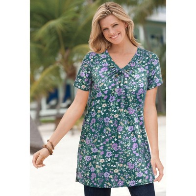 Woman Within Plus Size Perfect Printed Short-Sleeve Shirred V-Neck Tunic