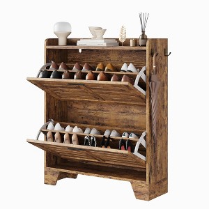 Shoe Cabinet with 2 Flip Down Drawers & 2 Hooks, Farmhouse  Entryway Shoe Storage Organizer With adjustable shelves for Hallway, Small Spaces - 1 of 4