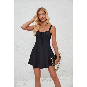 Women Satin Corset Mini Dress Adjustable Strap Ruched Bust A-Line Sundress,  Black, S