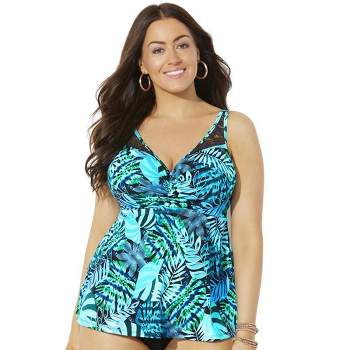 Swimsuits For All Women's Plus Size Bra Sized Faux Flyaway Underwire  Tankini Top 42 D Animal Palm Print