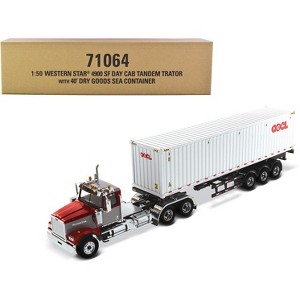 Western Star 4900 SF Tandem Day Cab Truck Tractor Red and Gray with 40' Dry Goods Sea Container "OOCL" White 1/50 Diecast Model by Diecast Masters - 1 of 4