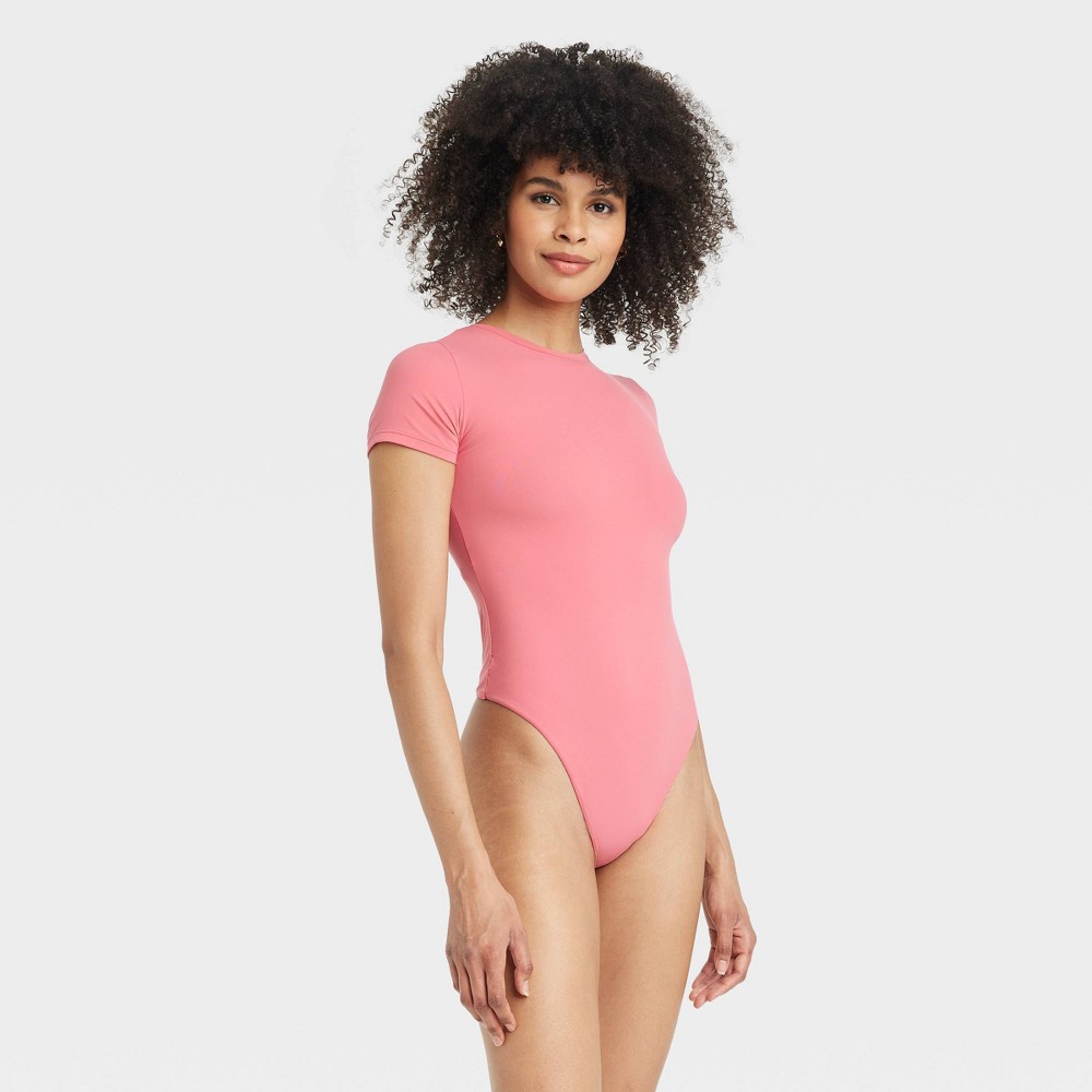 Women's Luxury Collection 4-Way Stretch Short Sleeve Bodysuit - Auden™ Coral XL: Highneck, Lightweight Knit