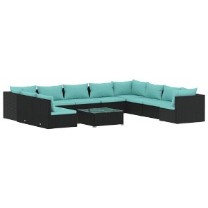 vidaXL Garden Sofa Set - 11 Piece Patio Lounge Outdoor Furniture with Cushions - Poly Rattan -Water-Resistant - Black and Water Blue - 1 of 4
