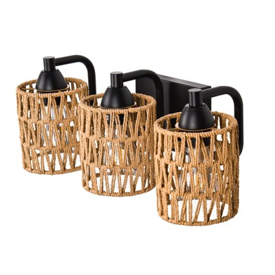 PAKOKULA 3-Light Boho Matte Black Vanity Light with Yellow Woven Shade