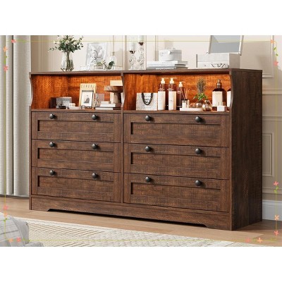 Modern White Wood Dresser, 55" Wide 6 Drawer Chest with LED Light & Spacious Storage