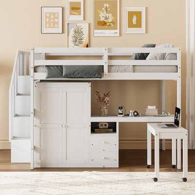 VYNXARIA Full Size Loft Bed with Stairs, Bookshelf, Drawers, Desk & Wardrobe - Space-Saving White