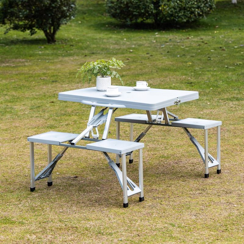 Outsunny Portable Foldable Camping Picnic Table Set with Four Chairs and Umbrella Hole, 4-Seats Aluminum Fold Up Travel Picnic Table, 3 of 10
