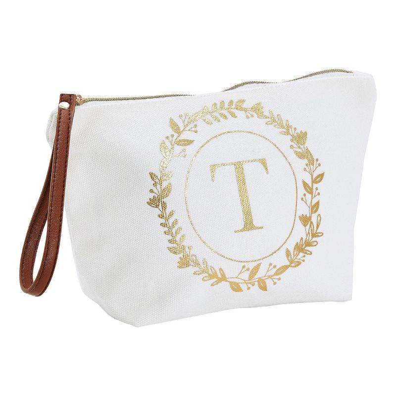 Gold Initial T Personalized Makeup Bag for Women, Monogrammed Canvas Cosmetic Pouch (White, 10 x 3 x 6 In), 1 of 9